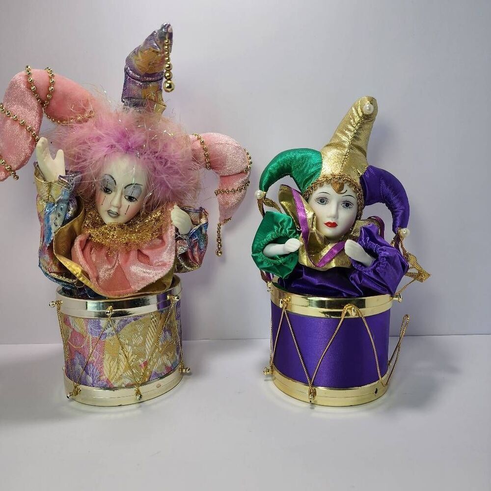 2x Porcelain Harlequin Jester Clown/Doll In A Drum Animated Music Box